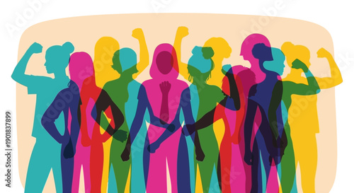 A diverse group of women in silhouette, standing together with raised fists, symbolizing strength and unity.