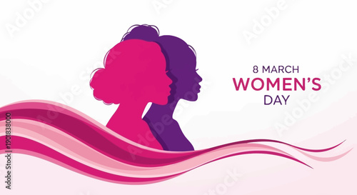 International Women's Day celebration with silhouettes of women and flowing ribbons.