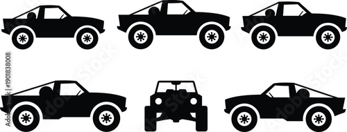 Collection of black silhouette of off-road vehicles from various angles including front, side, and three-quarter views
