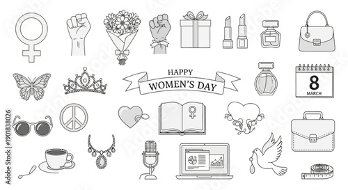 A collection of diverse icons representing women's day, including symbols of empowerment, beauty, and celebration.