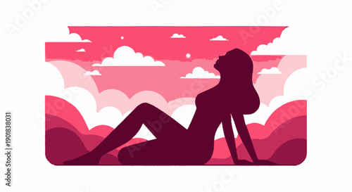 Silhouette of a woman relaxing against a backdrop of stylized pink clouds and sky.