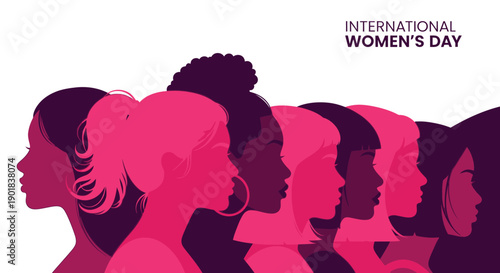 A diverse group of women in profile, celebrating International Women's Day with shades of pink and purple.