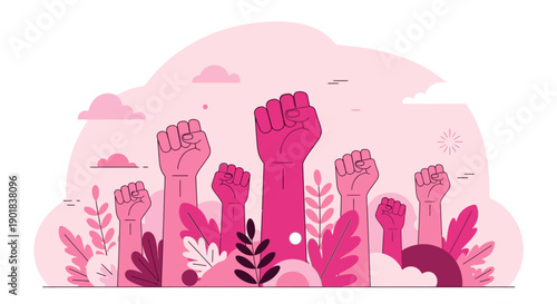 A group of diverse hands raised in solidarity and protest, symbolizing unity and strength.