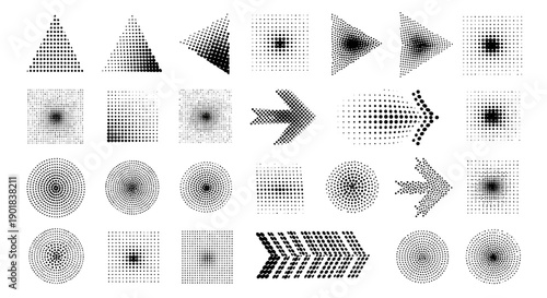 A collection of abstract geometric shapes and patterns rendered in grayscale with varying levels of pixelation and gradient effects.
