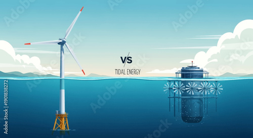 Wind Turbine vs Tidal Energy Comparison Illustration