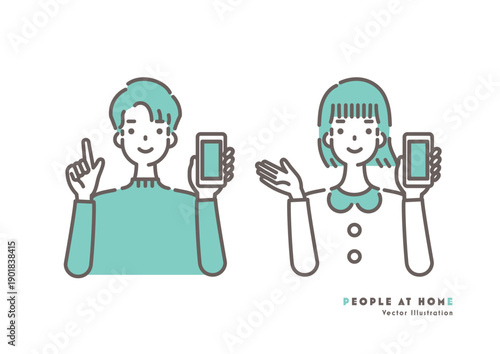 スマートフォンを持って指差しと手のひらで案内する男女のイラスト グリーンのツートーン
