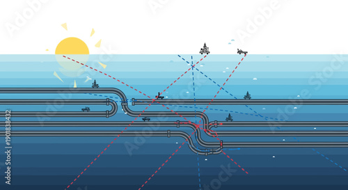Underwater pipeline system with offshore oil rigs and sun