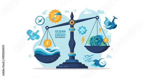 Ocean energy diplomacy concept with balance scale