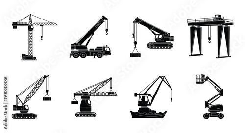Collection of various construction cranes and heavy machinery icons