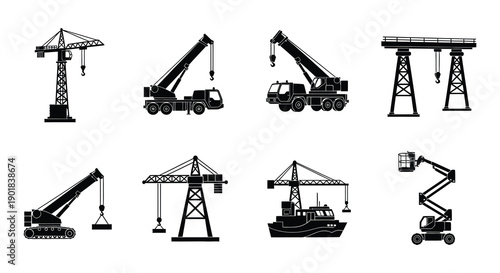 Collection of various construction cranes and heavy machinery icons