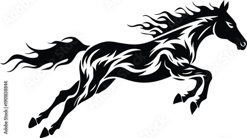 A majestic black horse with dynamic tribal flame patterns gallops across a pure white space