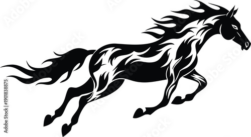 A majestic black horse silhouette with stylized flame patterns leaps forward on a clean white background