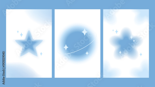 Y2K style posters with blur effect. Glowing gradient design. Retro futuristic aesthetics