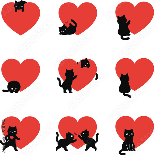 Heart Icons with Arrows and Circular Motion for Love and Romance.
Cute Black Cats with Red Hearts – Love & Valentine Cartoon Illustration Set