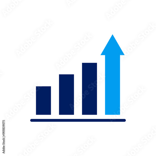Solid blue bar chart with a prominent upward arrow on the tallest bar, symbolizing business growth and success.