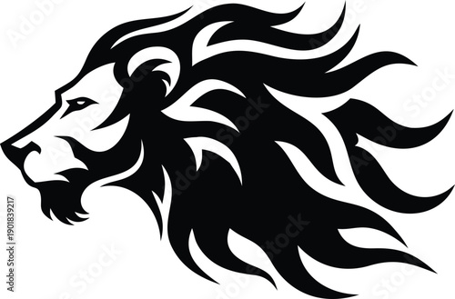 A majestic black lion head looks to the left with a flowing tribal style flame shaped mane