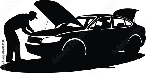 Minimalist Roadside Assistance or Garage Service Vector Silhouette, Stylized Sedan Repair Illustration Featuring a Professional Technician, Silhouette of a Mechanic Working on a Car, vector, illustrat