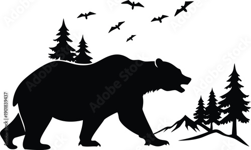 A massive bear silhouette explores a dramatic mountain range with dense pine forests and birds flying high