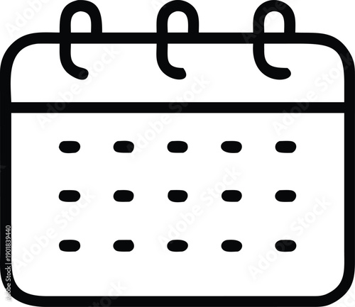 Black outline calendar icon with rounded corners and three spiral binding loops