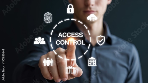 Man touches virtual access control system interface with security and data icons on a dark background