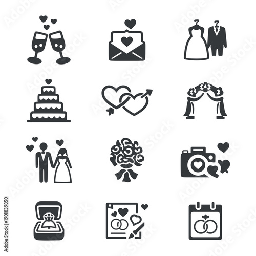 Wedding and love solid icons set. Marriage, bride groom, heart, invitation, cake, ring, romance, valentine, celebration. Filled vector
