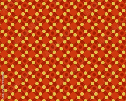 和風の伝統文様「七宝繋ぎ」をモダンにアレンジしたシームレスな背景パターン素材。おめでたい赤と金色の配色。お正月、年賀状、和柄のパッケージデザインやテキスタイルに最適な高品質ベクターイラスト。