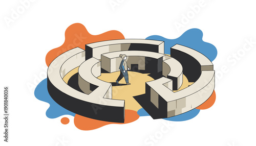 Man walking through a circular maze illustration.