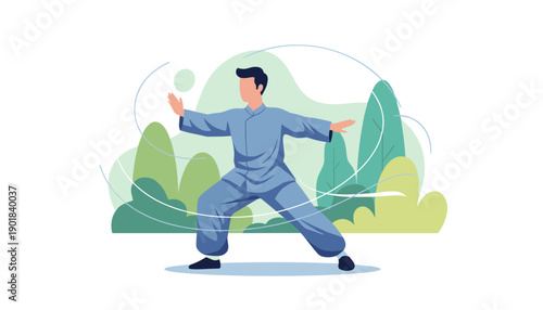 Man practicing Tai Chi martial arts outdoors in nature.