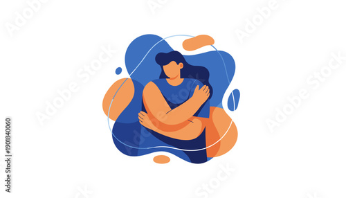 Woman hugging herself with abstract shapes illustration.