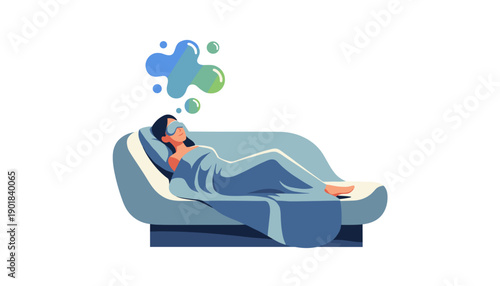 Woman wearing VR headset relaxing on sofa dreaming.