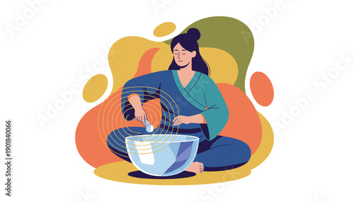 Woman preparing food in a bowl with a spoon.
