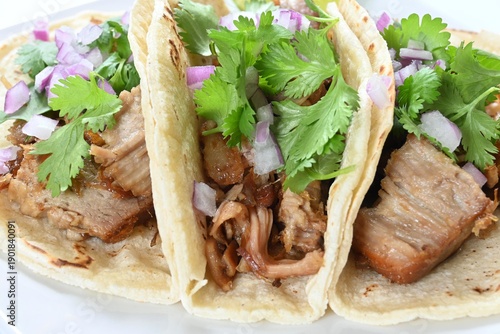 Authentic tacos de maciza, a type of carnitas (lean pork carnitas tacos) ready to eat.