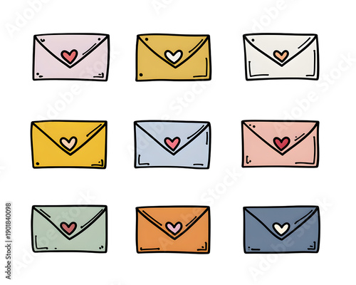Cute Colorful Envelopes Doodle Illustration PNG Transparent Background
