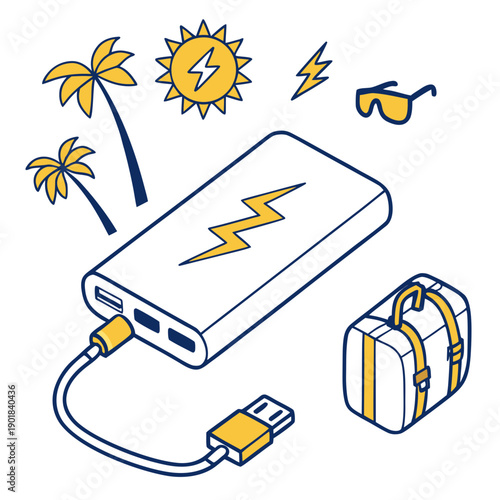 A portable charger with a solar panel and a lightning cable connected to it. Vector