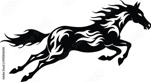 A sleek black horse with flowing mane and tail displays tribal flame accents against a stark white backdrop