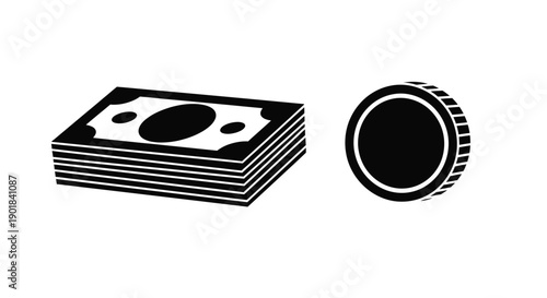 Stack of money and a coin simple black and white illustration