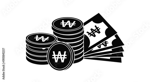 Stacks of korean won currency depicted in a minimalist black and white style