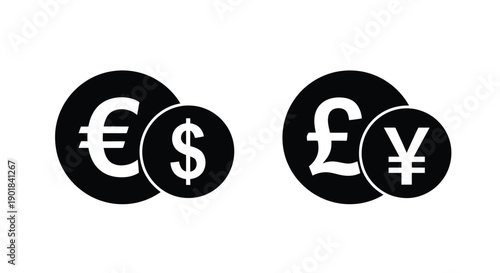 Four currency symbols in black circles euro dollar pound and yen