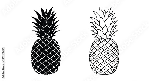 Two stylized pineapples in black and white side by side
