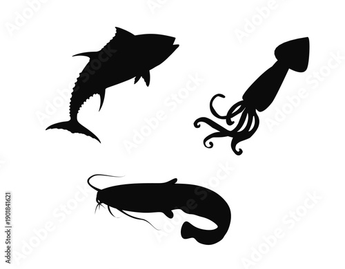 Seafood-related silhouettes including tuna, squid, and catfish. Perfect for fishing industry graphics, seafood menus, and marine food branding.