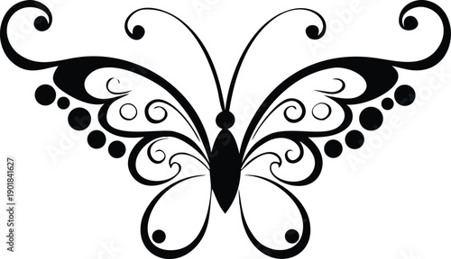 A striking black silhouette of an elegant butterfly featuring intricate scrollwork and decorative dots on its wings