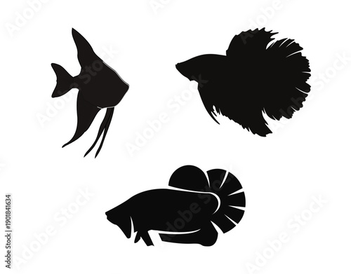 Decorative silhouettes of angelfish and betta fish with flowing fins. Ideal for aquarium designs, ornamental fish themes, and elegant aquatic artwork.