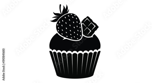 A black and white illustration of a cupcake with a strawberry and chocolate