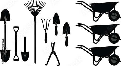 Gardening tools vector illustration set, black silhouettes of shovel, rake, pitchfork, trowel, shears, and wheelbarrow for landscaping design