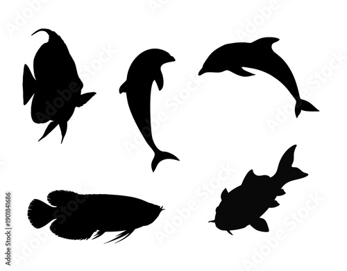 Marine animal silhouettes featuring dolphins, rays, and ocean fish. Ideal for coastal designs, marine conservation materials, and aquatic branding.