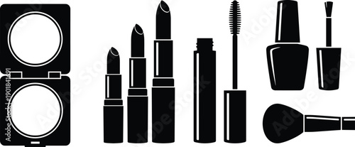 Cosmetic and makeup vector illustration set, black silhouettes of lipstick, powder, mascara, nail polish, and beauty brush