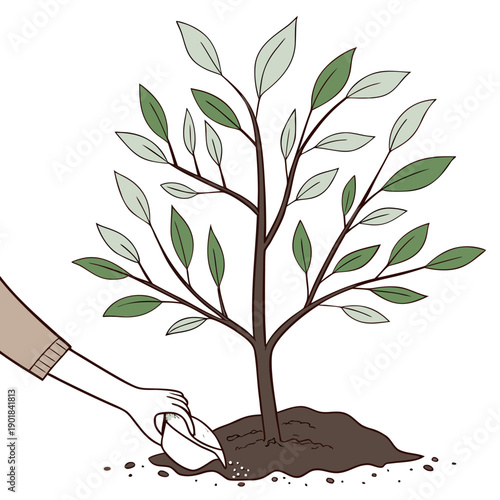 A small shovel planting a seedling in a pot with soil and a small tree growing. Vector