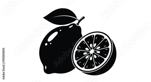 A black and white illustration of a lime with a sliced piece