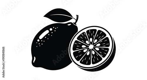 A black and white illustration of a whole lime and a halved lime
