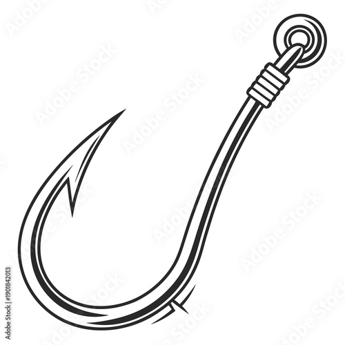 A detailed illustration of a fishing hook with a barb and a loop at the top. Vector